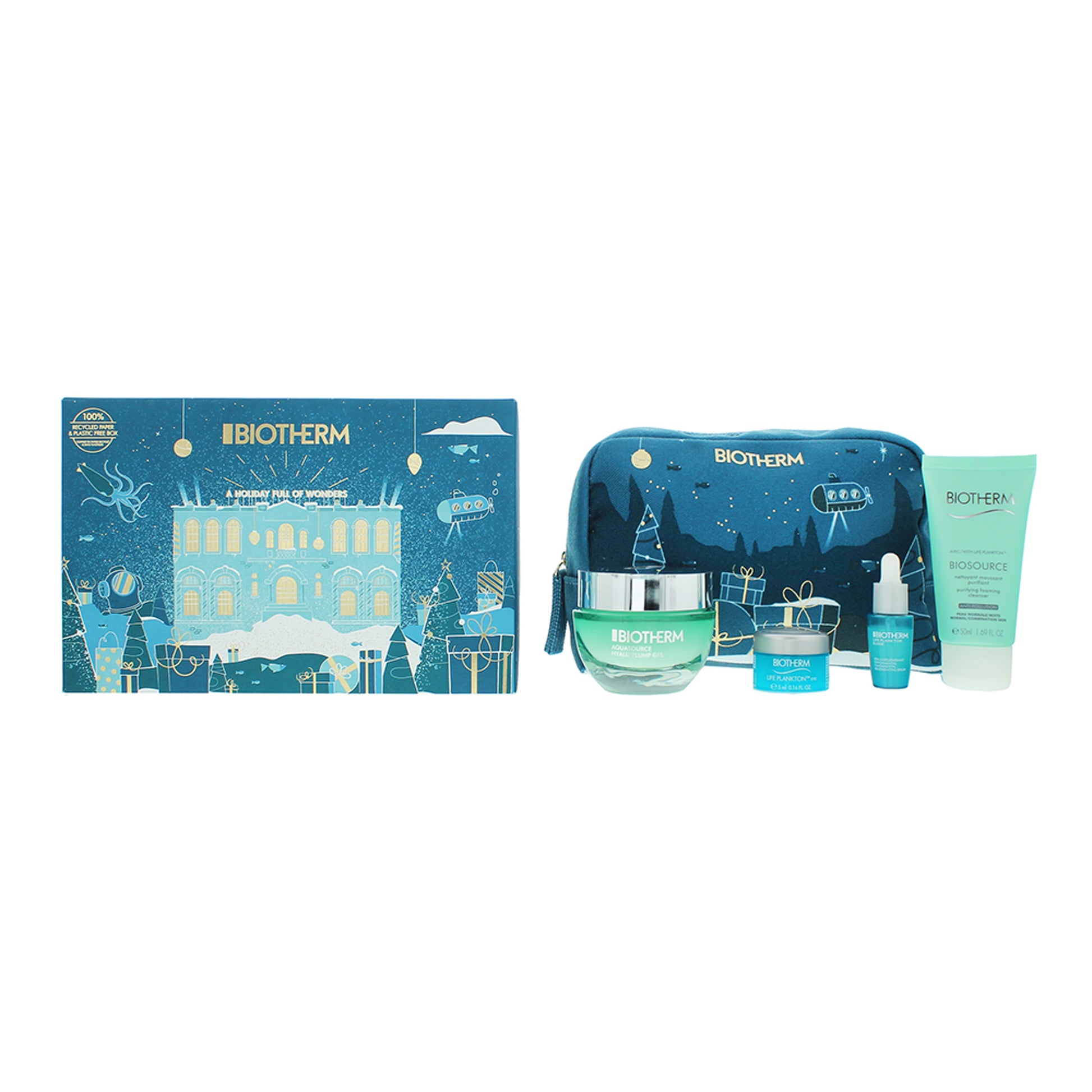 Biotherm Aquasource Gift Set 50ml Hyalu Plump Gel + 7ml Life Plankton Elixir + 50ml Biosource Purifying Foaming Cleanser+ 5ml Life Plankton Eye Cream + Pouch